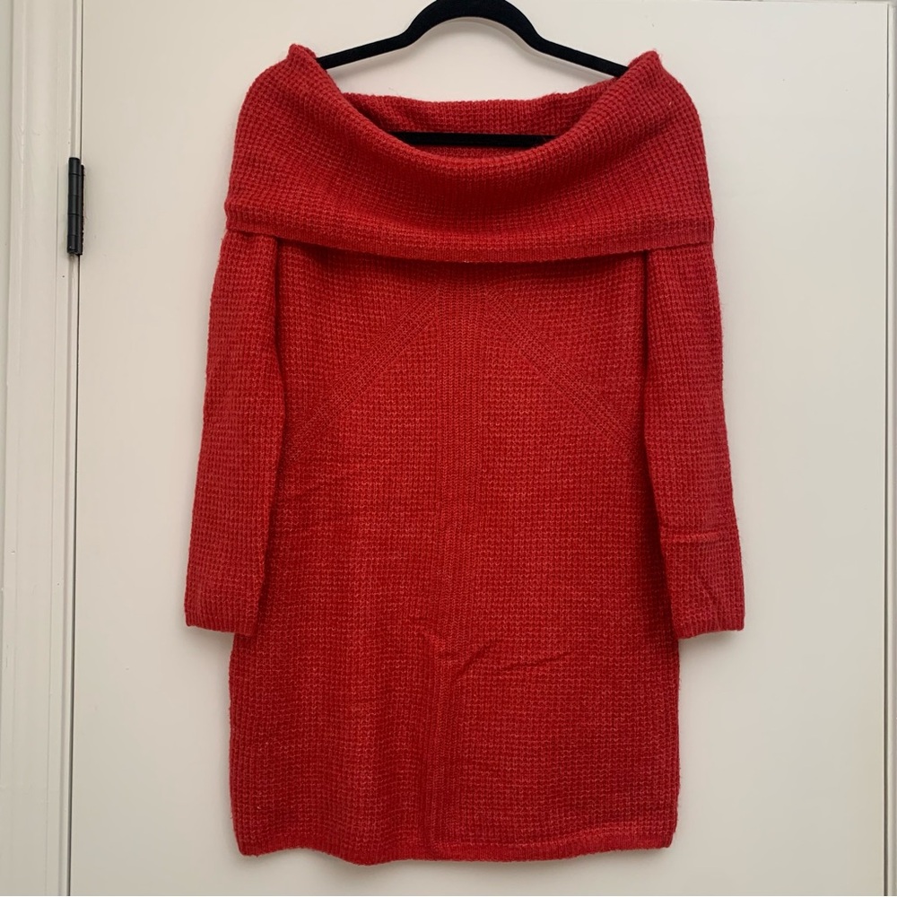 Candie's Y2K Off-the-shoulder Sweater Dress in Red Waffle Knit | Longsleeves